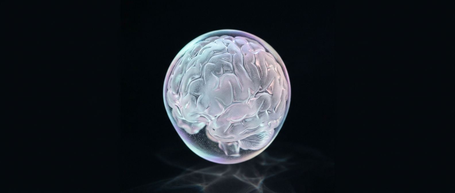 A translucent glass model of a brain, softly lit against a dark background.