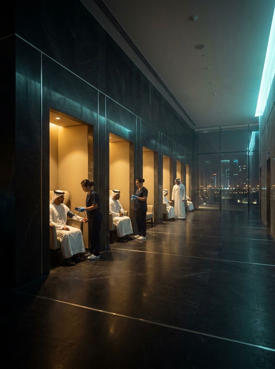 A dark marble corridor of softly lit alcoves where nurses take routine blood samples from seated donors, a city skyline beyond the glass.