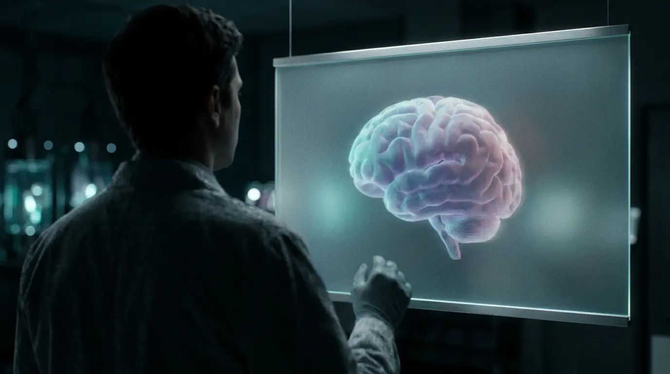 A translucent model of a human brain resting on an illuminated lightboard in a dark room.
