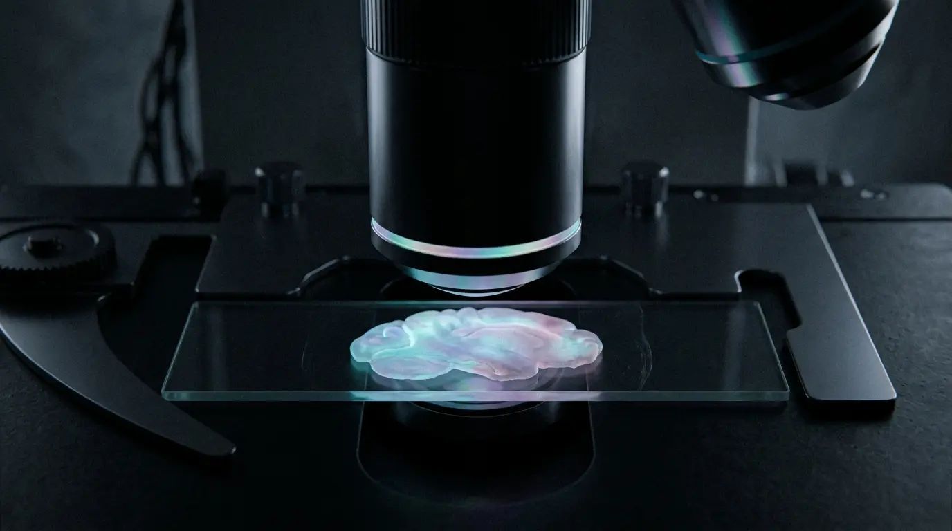 A faintly luminous slice of neural tissue on a glass slide, lit from below beneath the objective lens of a microscope in a darkened room.