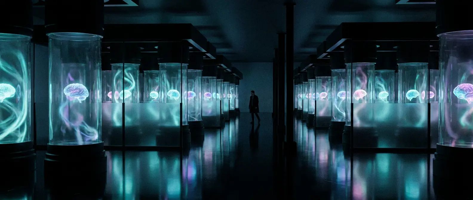 A long dark corridor lined on both sides with identical illuminated cylindrical vessels, each holding a softly glowing form, reflected in the polished floor.