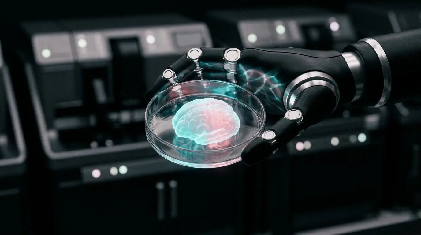 A robotic arm holding a shallow culture dish in a darkened instrument bay, a small translucent form glowing cyan and rose at its centre.