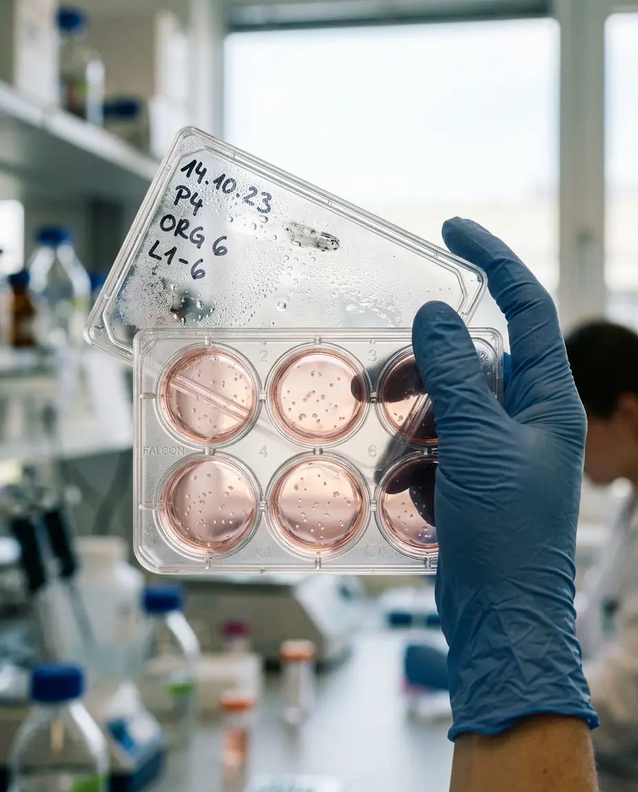 A six-well culture plate under soft light, small organoids suspended in each well.